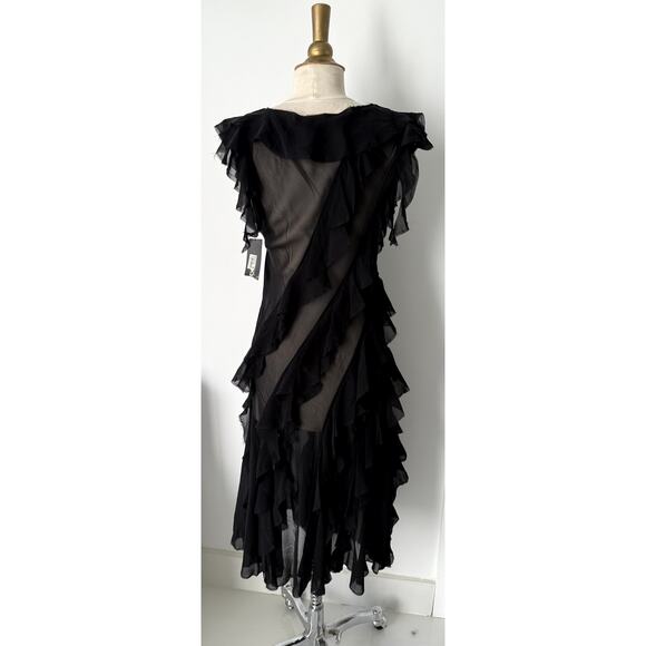 DKNY 100% Silk Classy Vintage Asymmetric Ruffle Dress with Detachable Lining - Picture 2 of 10